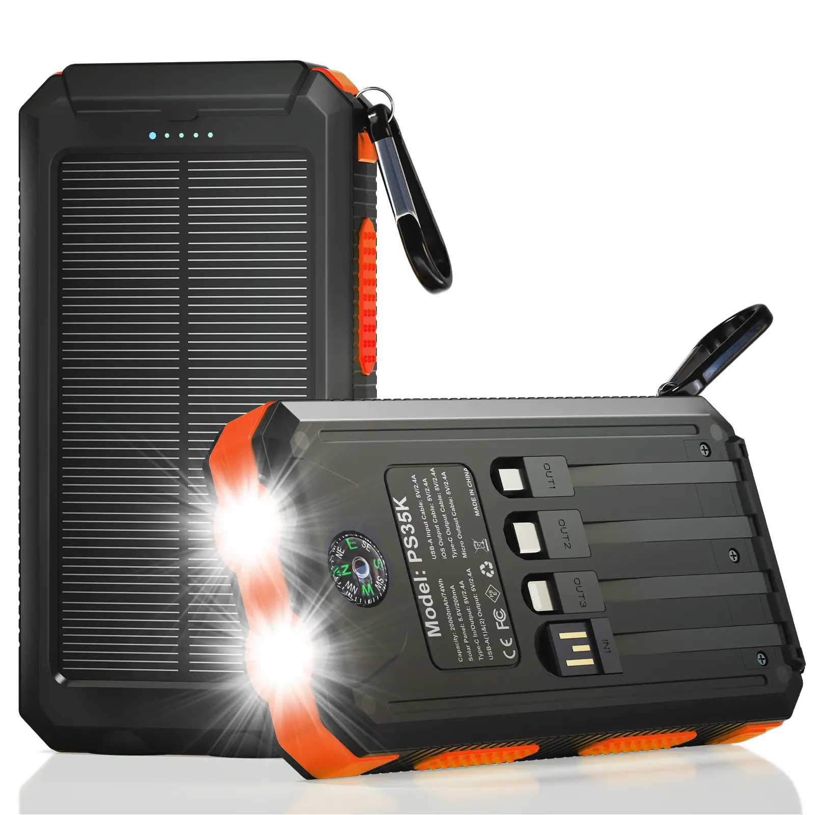 Solar Charger Power Bank 20000mAh, Portable Charger, 4 Cables 3 Ports Fast Charging External Battery Pack with USB C for Cell Phones, Solar Panel Charger with Dual Flashlight for Camping power bank power bank charger battery power bank Summervibe tiktoksh