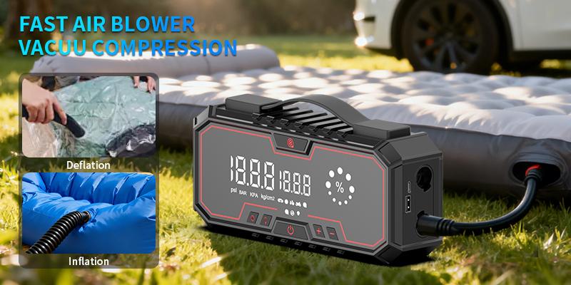 Kapeezi 12000A (All Gas, 12L Diesel) Portable Car Jump Starter with Air Compressor, Blower All-in-One, portable power bank with 160PSI Tire Inflator, Car Battery Jump Starter Multi-Function Vehicle battery jump pack Automotive Tool Kit