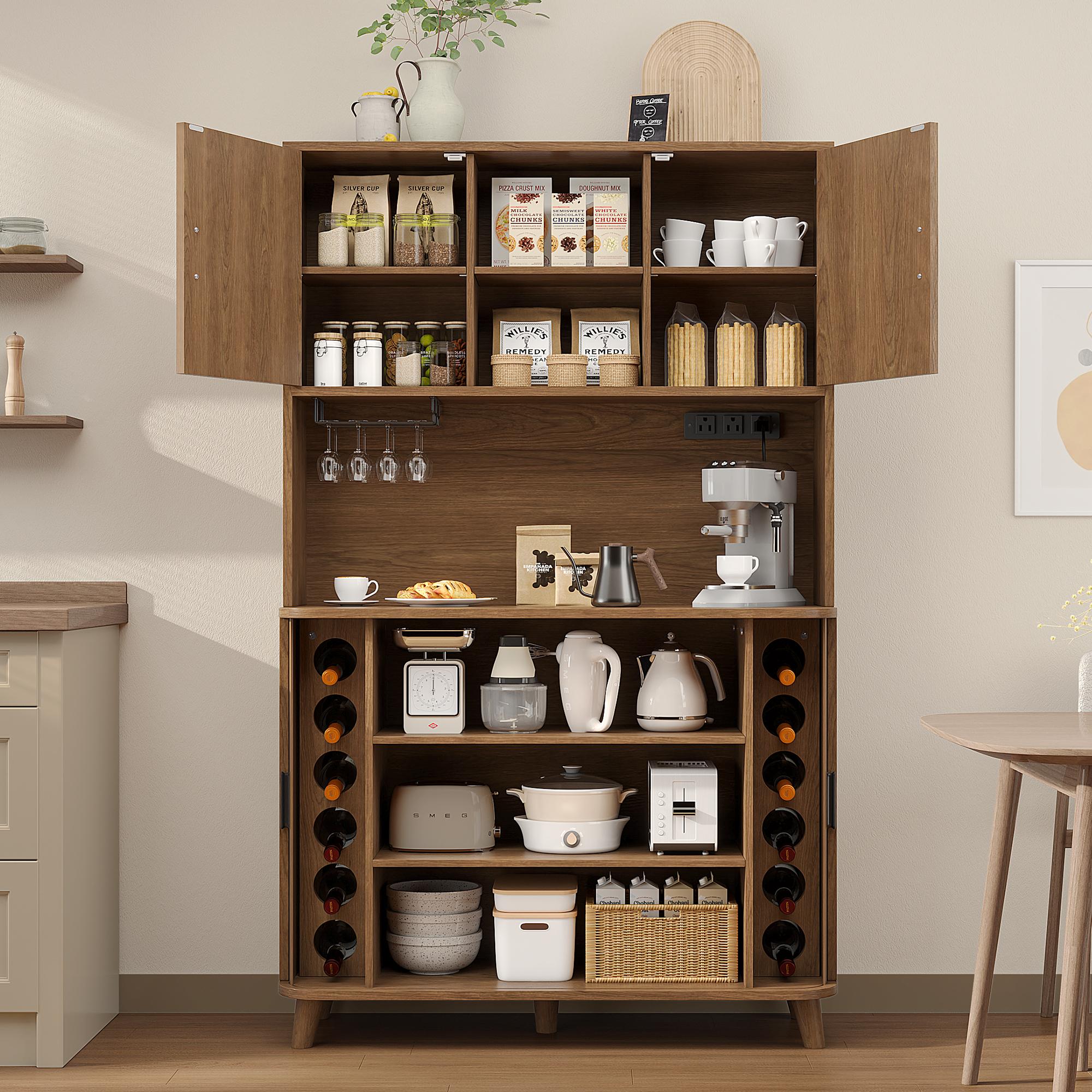 Aowos 71” Pantry Cabinet with Charging Station, Kitchen Storage Cabinet with 2 Sliding Tambour Doors, Hutch Bar Cabinet with Built-in Wine Rack and Adjustable Shelves, Freestanding Buffet Sideboard for Kitchen, Coffee Bar Station, Walnut, Black, Natural