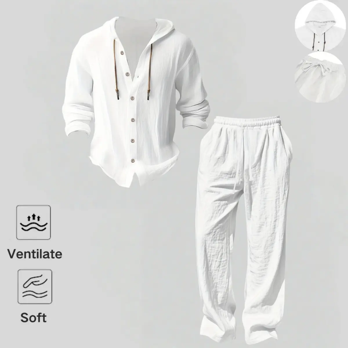 2-Piece Set Men's lightweight Trendy Hooded，Made From Soft Linen，Casual Vacation Style, Loose Fit Breathable Fabric,Long Hoodie & Wide-Leg Pants, Summer Wear outdoorfun Sweatshirt Clothes Fashion Trouser