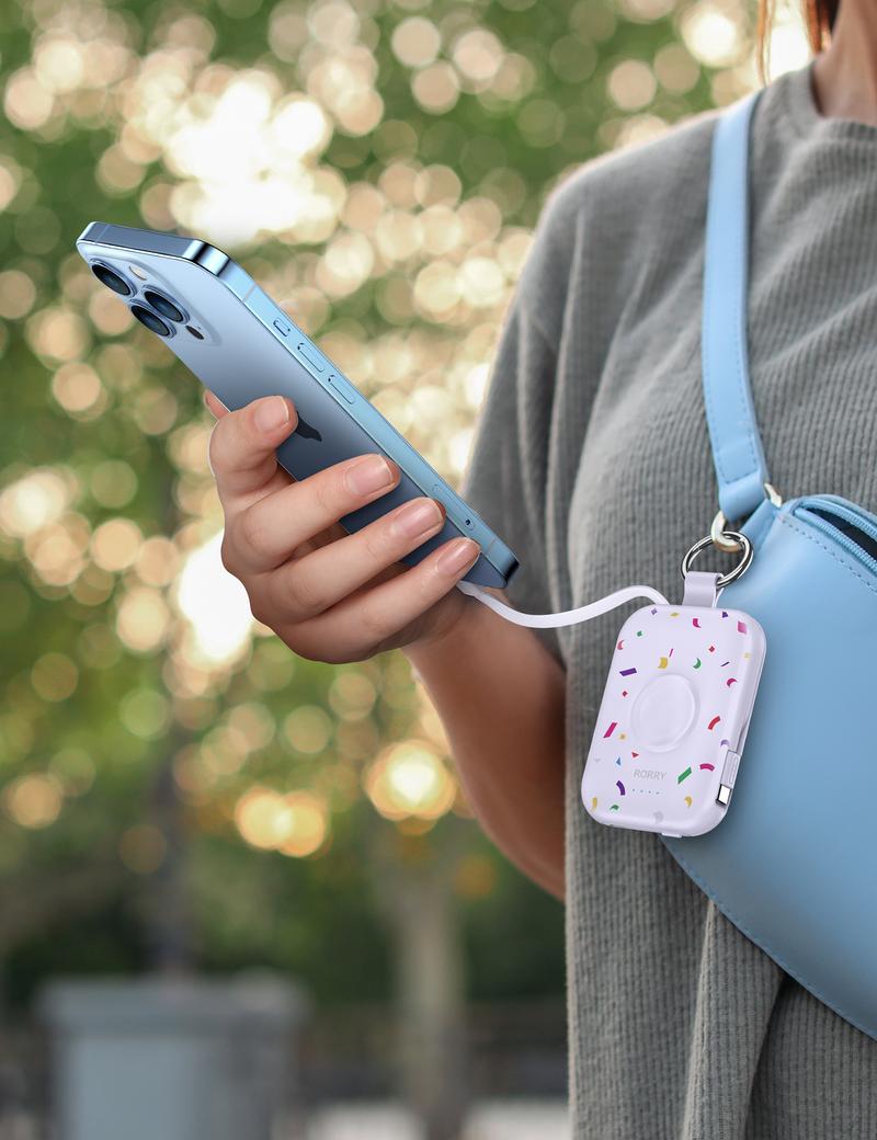 RORRY Confetti Power Bank 5000mAh Travel Charger with Built-in Cables Keychain Design for Apple Watch Series iPhone 17-12 USB Type-C Portable Charger Compact Perfect Gift Valentinesdaygift