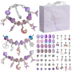 Purple 67-piece bracelet/necklace DIY making kit, including beads and pendants for handmade jewelry.  Perfect as a birthday gift, Christmas gift, or children's gift. Allows for free design and comes in a beautiful gift box.