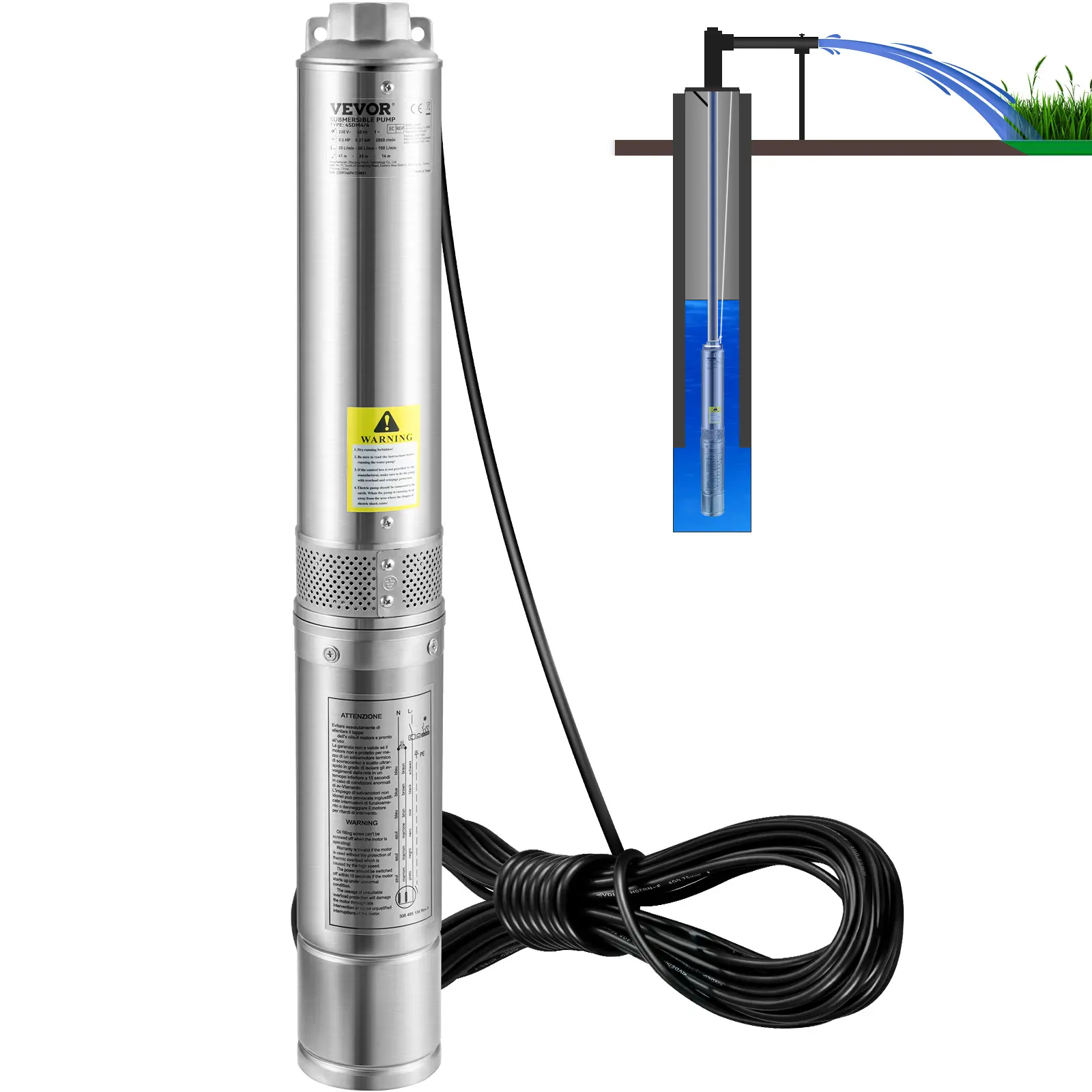 VEVOR 4-in Stainless Steel Heavy-Duty Submersible Water Pump, 1HP, 230V/60Hz, 37gpm Flow, 207ft Head, 33ft Cord, IP68 Rated, for Fish & Aquatic Supplies, Garden Sprinklers, Rivers, Water Extraction, Submersible Water Pumps
