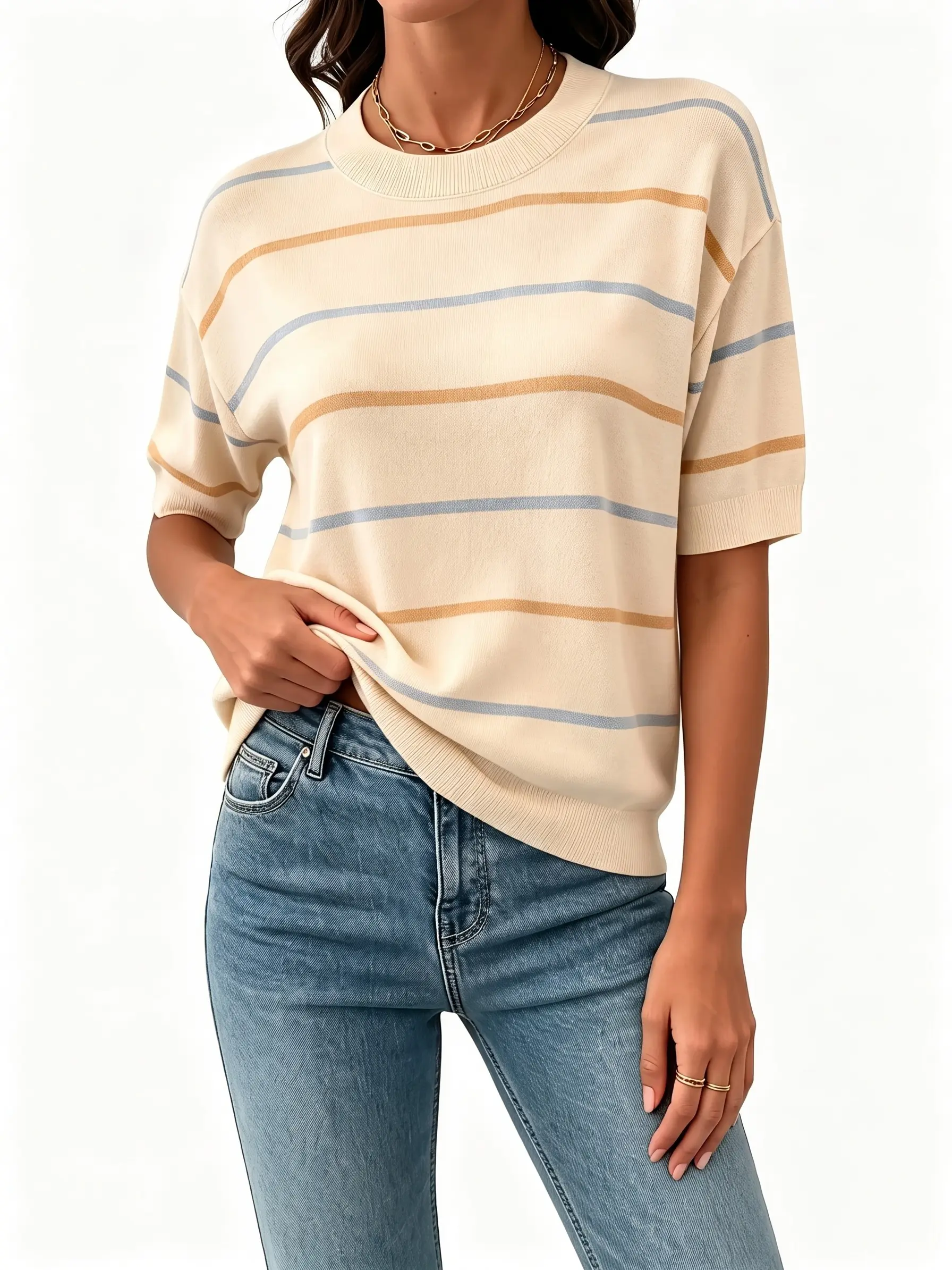 Shewin Women's Striped Knit Round Neck Shortsleeve Baggy Pullover - Ribbed Neck & Cuff, Casual Everyday Wear, Women's Clothes,back to school,back to school shopping, Tops For Women, Sweaters,clothes for back to school,first day of school outfits