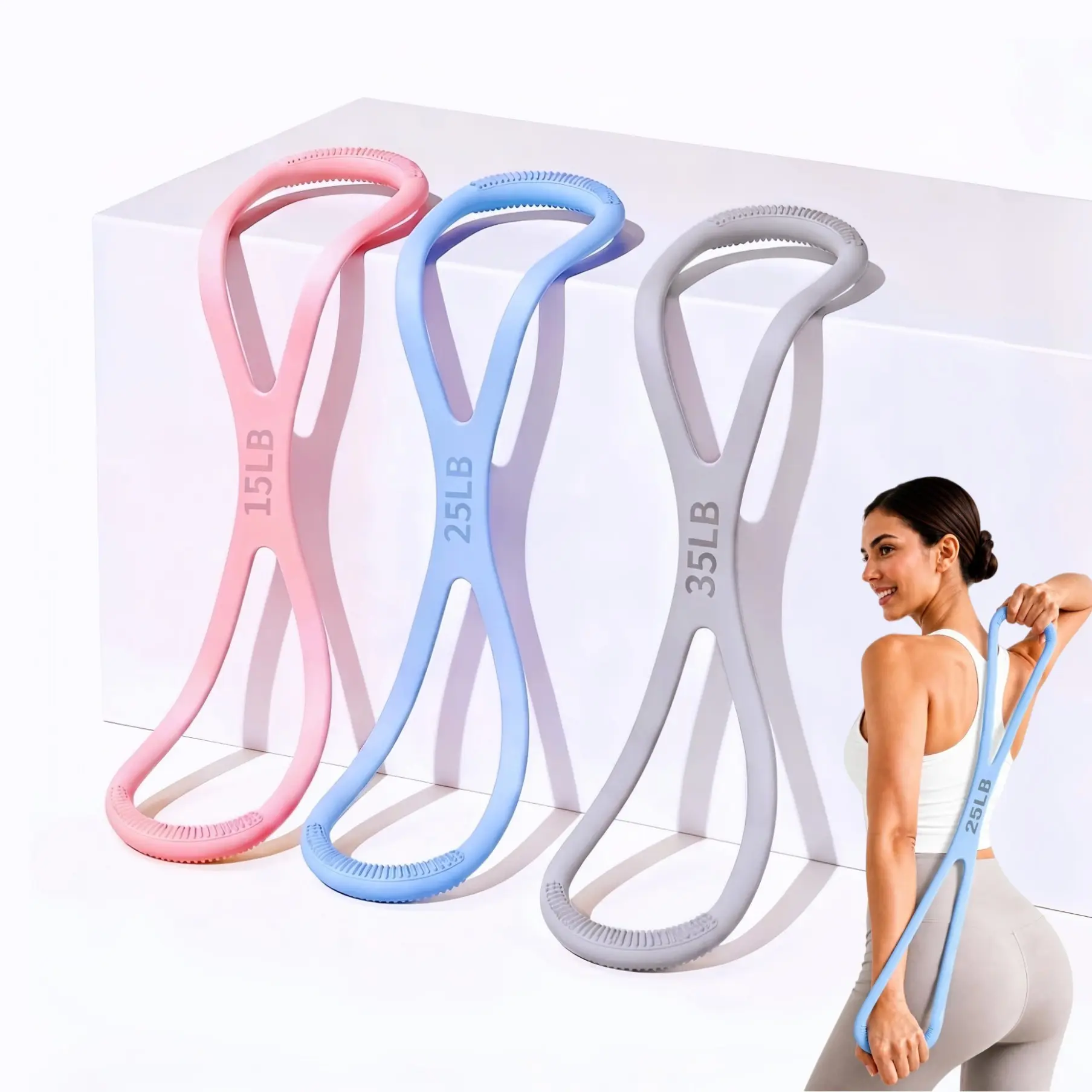 Figure 8 Resistance Band for Women, Silicone Stretching Band for Arms, Back, Chest and Shoulders, Portable Home Workout Yoga Toning Band, 15/25/35LB