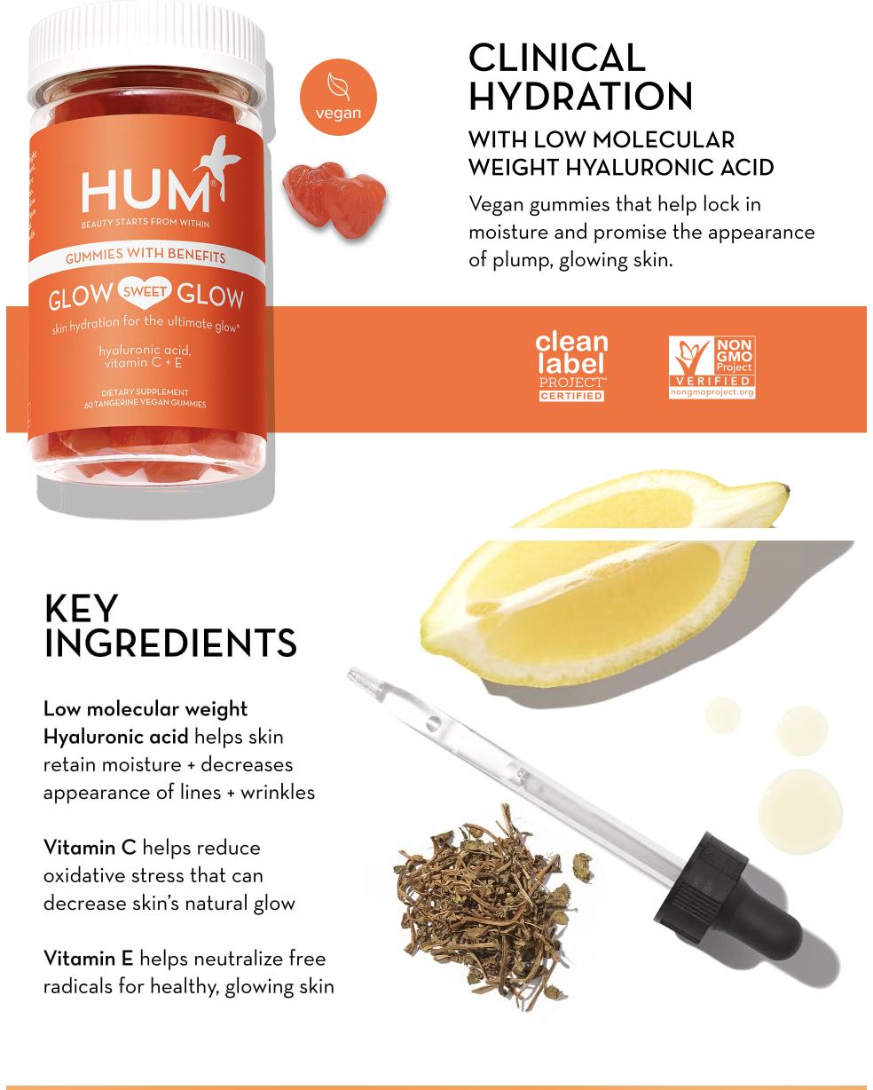 HUM Hyaluronic Glow - Hydrating Skin Supplements to Support Collagen Production, Antioxidant-Rich Vitamin C & E for Glowing, Radiant Skin (60 Count)