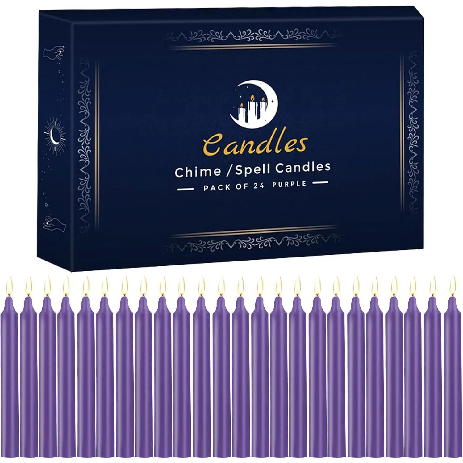 24 Pack Purple Spell Chime Candles -  Mini Unscented Taper Candles for Rituals, Prayer, Meditation, Altar, Spells - 4" Tall - Ideal for Witches &  Practices