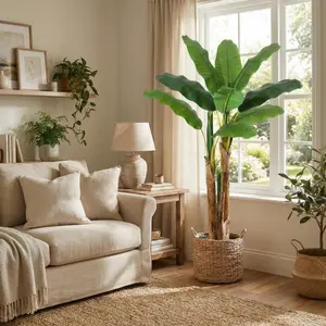 Garvee Artificial Banana Tree 5 feet, fake banana leaf plants with gray pot, synthetic silk banana leaf tree for home, pool, indoor and outdoor, tropical decoration