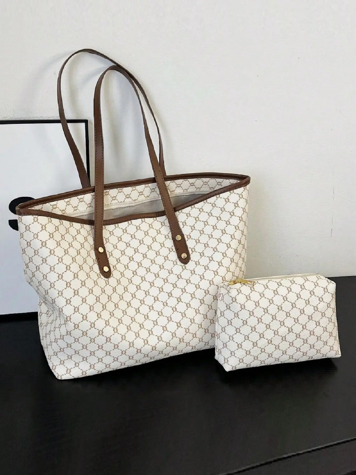 Women's Fashionable Geometric Pattern Tote Bag & Cosmetic Bag, Stylish Casual Versatile Zipper Shoulder Bag & Cosmetic Bag, Trendy Bag Set for Daily Use