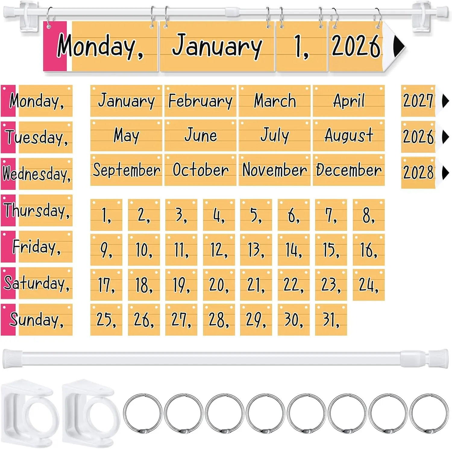 Back to School Classroom Flip Calendar 2026 2027 2028 Bulletin Board Decorations, Reusable Classroom Calendar Date Teacher Hack Organization Kit Include Holder & 53 Date Cards for Preschool Kindergarten Primary Classroom Set up White Board Decor