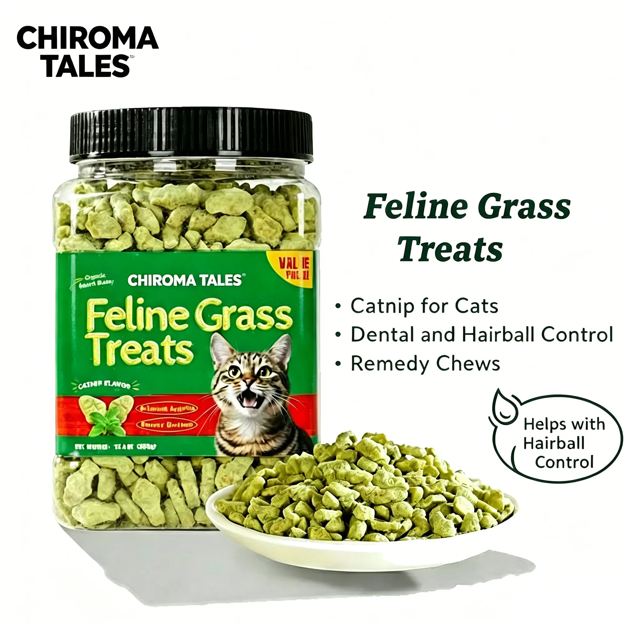 CHROMATALES Cat Grass Treats 13.4oz – Salmon Flavor Cat Snacks with Catnip, Hairball Control & Dental Support, Crunchy Training Treats for Cats