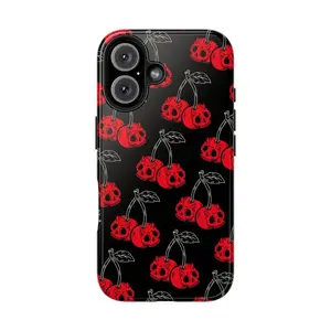 Edgy Cherry Skull Collage Tough Phone Case for iPhone 11, 12, 13, 14, 15, 16, 17 Pro Max Plus – Chic Halloween Red Skull Design & Christian Inspirational Cover, Anti-Drop, Waterproof, Shockproof, Scratch-Resistant with Glossy Finish Full Protection.