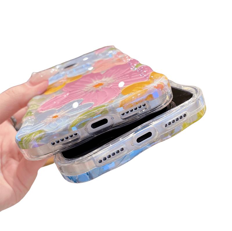[Free!!Ship!] Retro Colorful Flower Case for iPhone 17 Pro Max 16 Plus 15 14 13 Laser Glossy Cute Curly Wave Frame Shockproof Protective Phone Cover