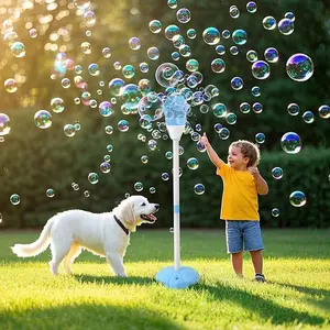 Bubble Machine with Lights for Outdoor, Automatic Bubbles Blower Maker for Kids Toddlers, Height 47 Inches Battery Bubbles Blower Machine for Wedding Birthday Party
