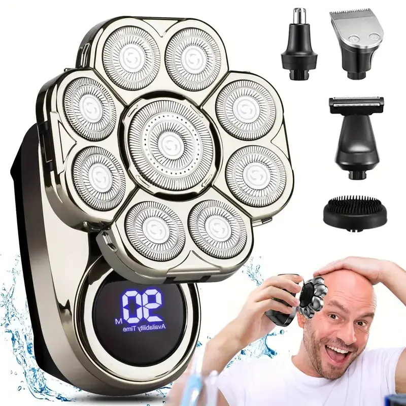 9D Electric Head Shaver for Men, 6-in-1 Multifunctional Grooming Kit for a Close Wet & Dry Shave, Cordless & Waterproof with LED Display, Multifunctional Shaving Head, Body Groomer Shaver, Stainless Steel, Rechargeable Battery, Double Layer, Smooth Shave