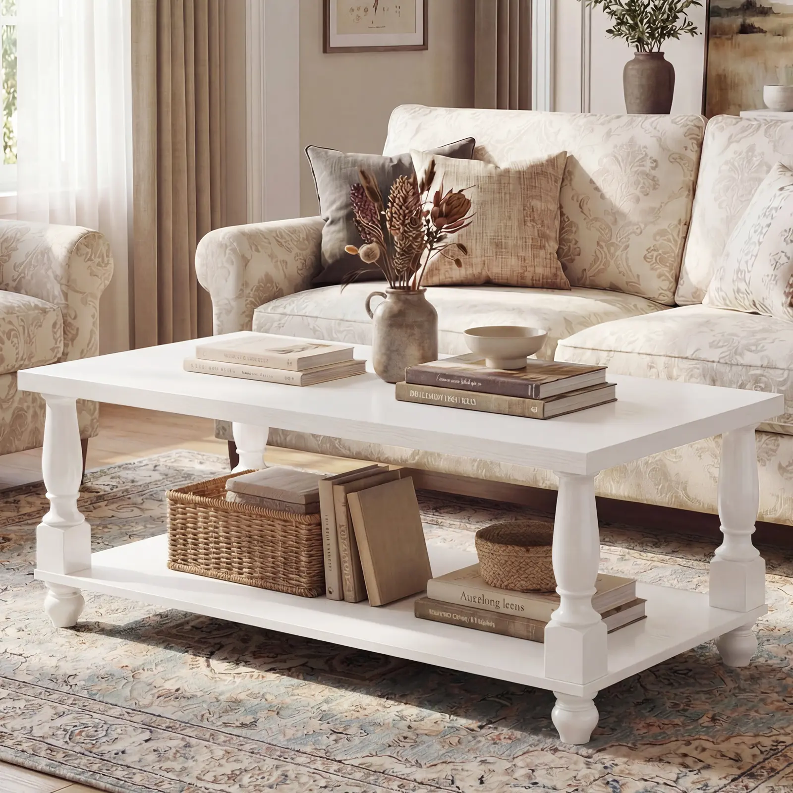 47" 2-Tier Cute Wood Rectangular Center Table, Gorgeous Sofa Table Coffee Table, Farmhouse Rectangle Coffee Table with Storage for Living Room, Easy Assembly Furniture
