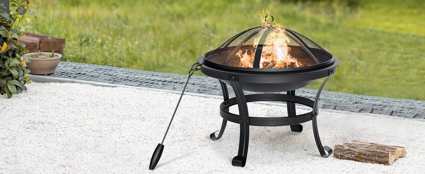 SINGLYFIRE 22 inch Fire Pit for Outside Outdoor Wood Burning Small Bonfire Pit Steel Firepit Bowl for Patio Camping Backyard Deck Picnic Porch,with Spark Screen,Log Grate,Poker