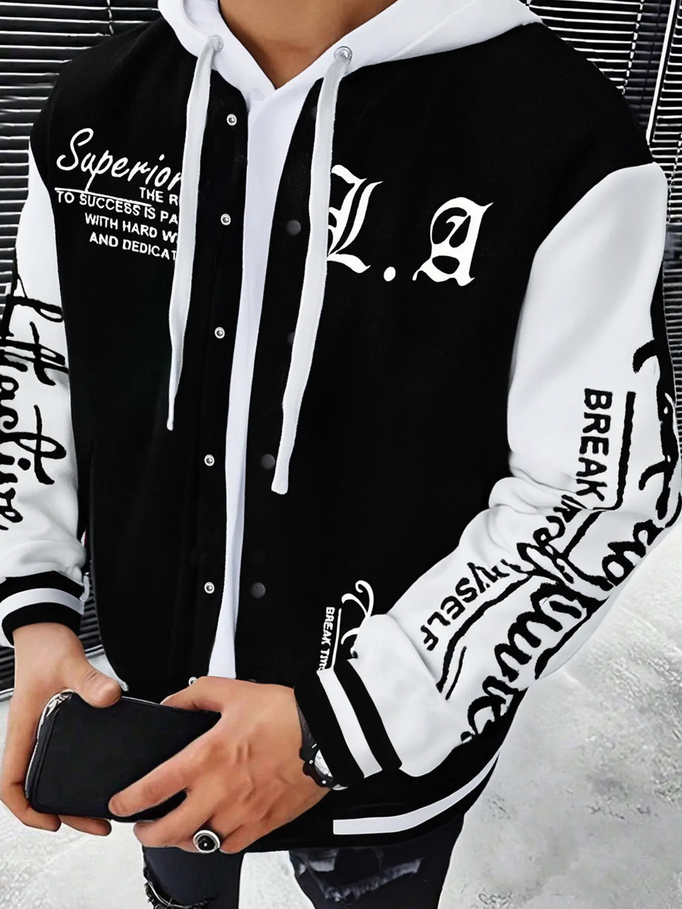 American Retro Vintage Letter Graphic Print Fitted Baseball Jacket, Casual Style with Collar, Long Sleeve for Fall Winter, Layered Wear with T-Shirt and Hoodie, Fitted Casual Outerwear