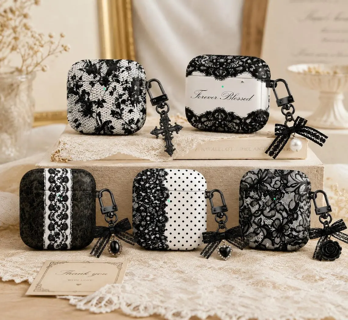 Gothic Lace AirPods Case, Black White Coquette AirPods Gen 1 2 3 4 Cover, Victorian Floral Dark Academia Gothic Case Gift, No Keychain
