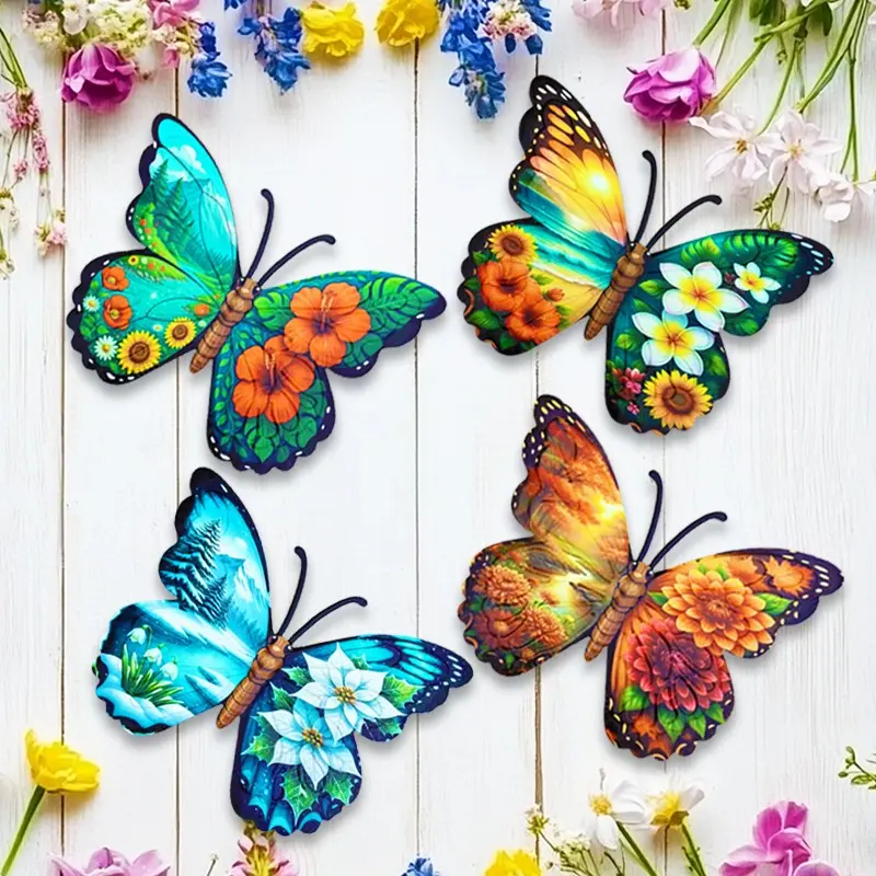 4-Piece Metal Butterfly Wall Art, Four-Season Floral Design Set, Colorful Decorative Wall Hanging for Indoor & Outdoor, Boho Home Decor Ornaments, Bedroom Decor, Aesthetic Design