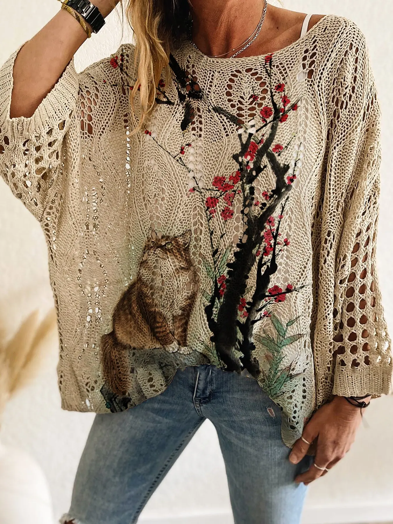 Women's Knitted Long Sleeve Top, Casual Elegance Commute Wear, Contrast Color Cat Flower Floral Print, Batwing Shoulder Design, Boho Casual Knitwear, Knitwear, Batwing Sleeve Pullovers, Oversized, Baggy, Lightweight, Loose Knit Tops