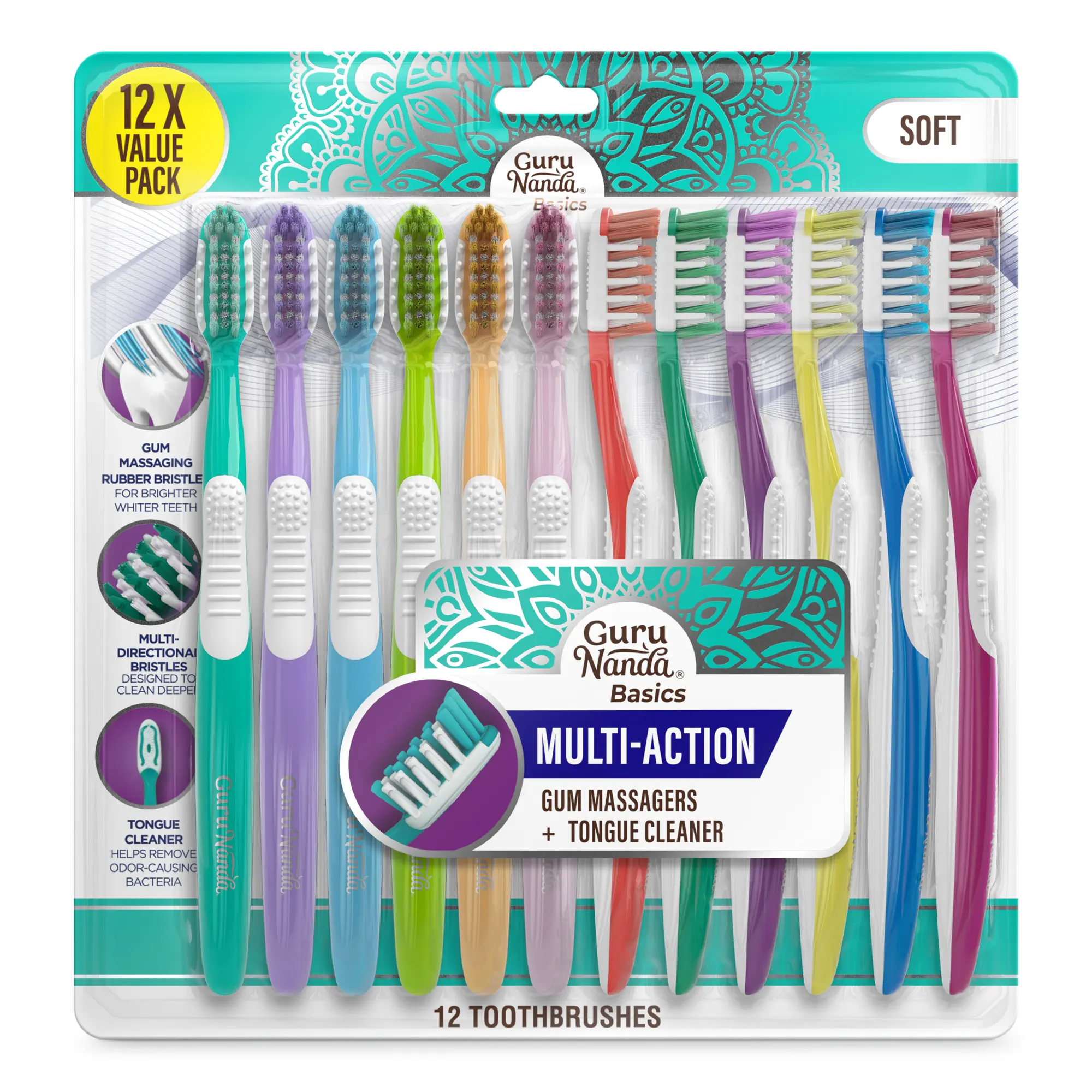 GuruNanda Soft Toothbrush with Multi-Action Directional Bristles, Built-In Tongue Cleaner, Ergonomic Handle for Comfortable Daily Brushing, 12 Count