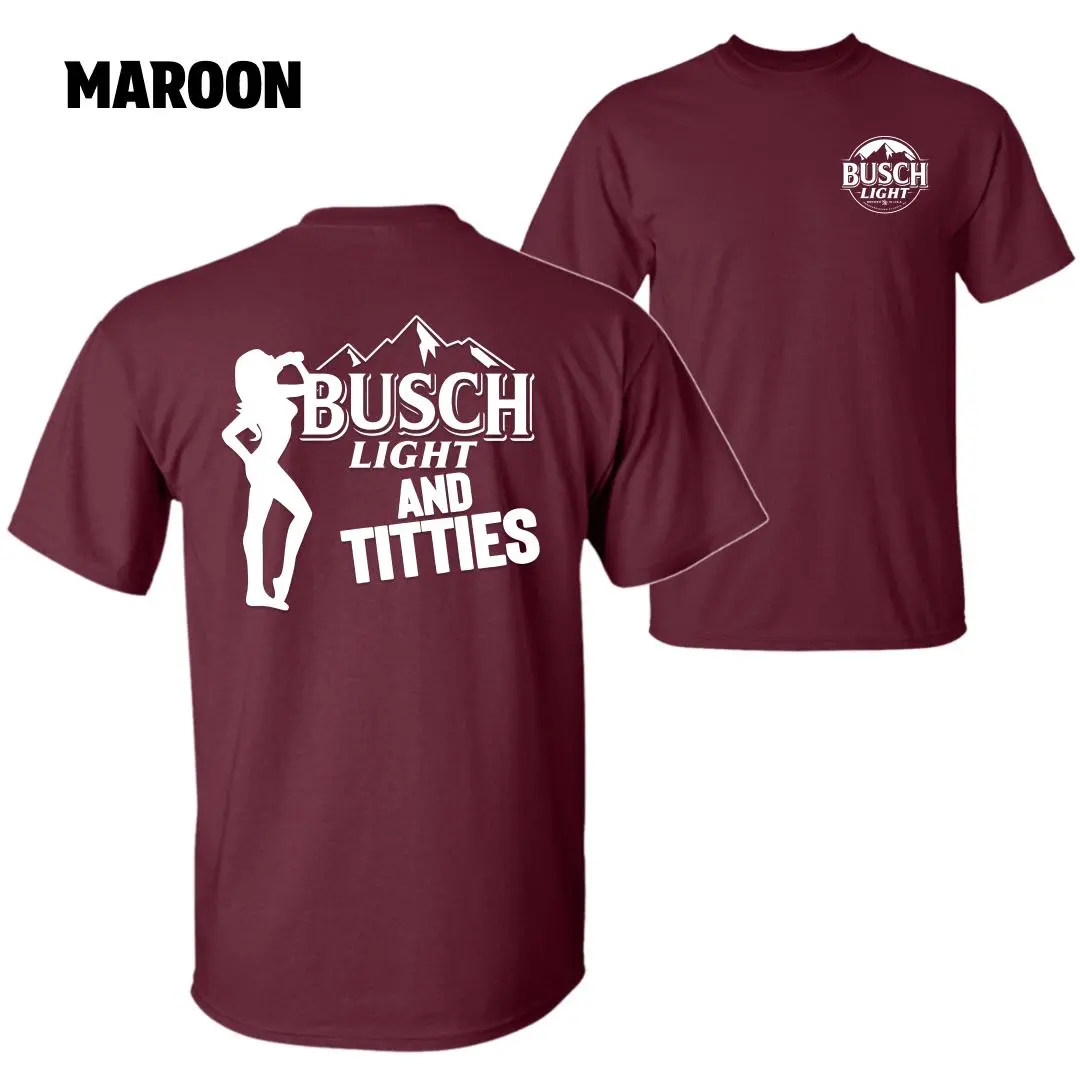 Busch Light and Titties T-Shirt – Busch Light and Titties with Mountain and Woman Silhouette, Perfect for Beer Lovers Party Fans Birthdays Father’s Day, Unisex T-Shirt for Men and Women