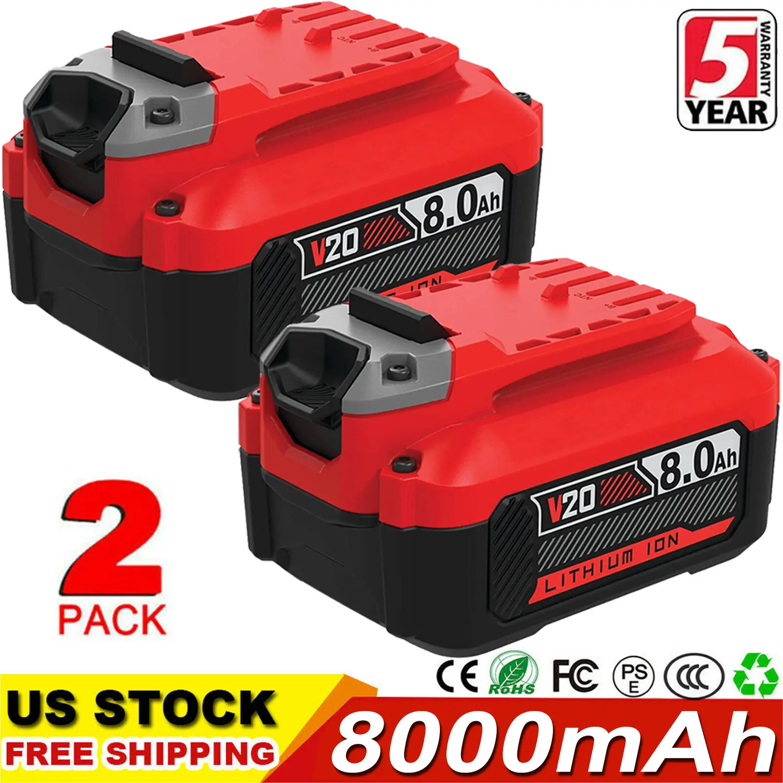 Craftsman V20 Series 20V 8000mAh Max Lithium-Ion Power Tool Batteries (2-Pack) with LED Indicator, Cordless Power Tool Accessories Replacement for CMCB206, CMCE500B, Cordless Power Tools