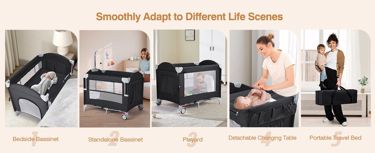 JOYMOR Pack and Play with Changing Table, 5-in-1 Portable Baby Bedside Bassinet with Storage, Travel Crib with Carry Bag, Compact Fold