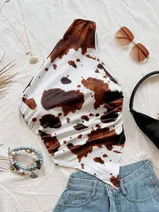 Soleia Women's Casual Vacation Western Cow Print Blouse, Suitable For Beach, Wedding Guest, Graduation, Brunch, St. Patrick's Day, Spring Break, Easter, Music Festivals, Elegant Bohemian, Tropical, Off-Shoulder Top, Spring/Summer,Rave Top