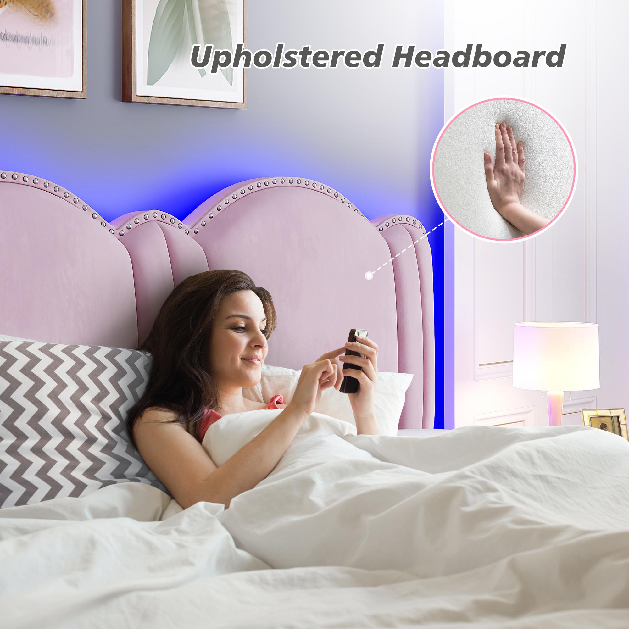 Raybee Furniture Pricess Bed Frame with Led Light, Elegant bed Frame with Headboard Adjustable, Upholstered Bed Frame, No Box Spring Needed