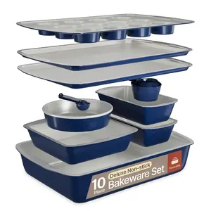 10 Piece Bakeware Set, Non-Stick Carbon Steel Trays and Pans, Stackable Space-Saving Bakeware, Dishwasher Safe