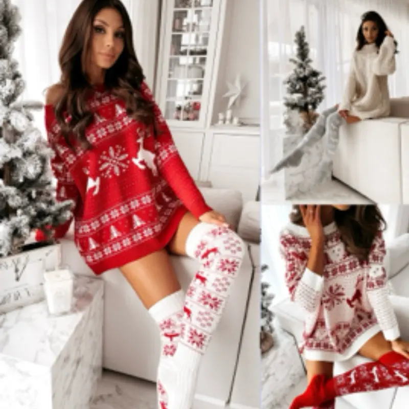 Christmas Warm Knitted Sweater with Reindeer Snowflake Pattern for Festive Season
