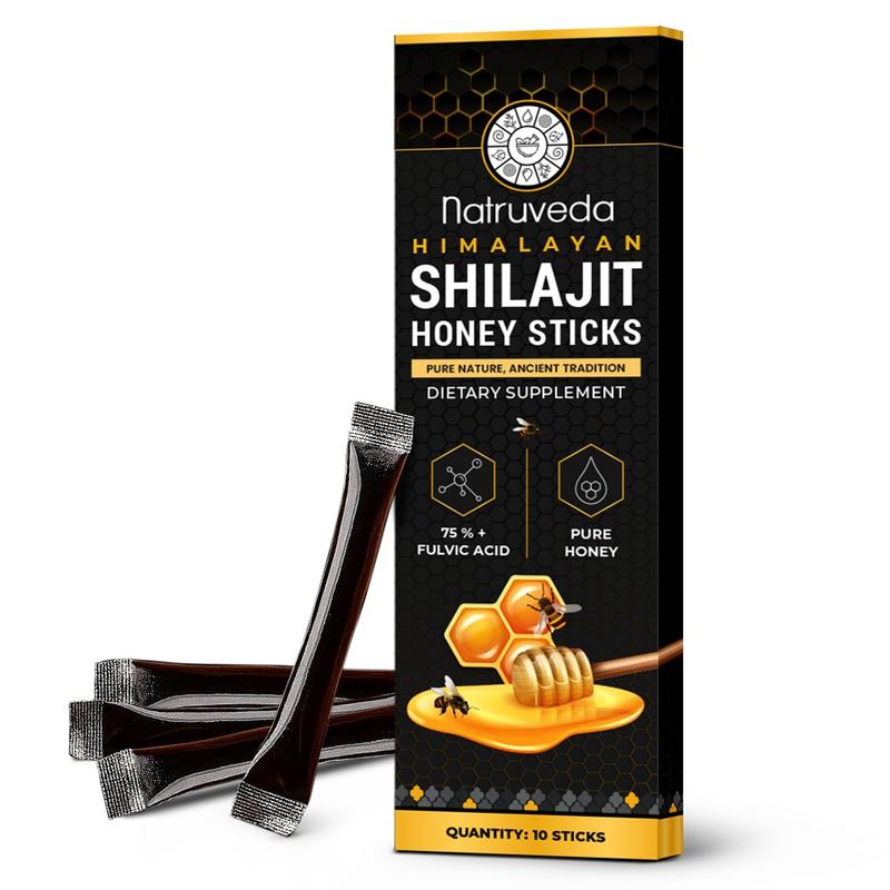 Natruveda Himalayan Shilajit Honey Sticks for Men & Women - 75%+ Fulvic Acid & Trace Minerals - Raw Honey, Saffron & Himalayan Shilajit Resin - Energy Support - (Pack of 10) Natural Natruveda Himalayan Shilajit Honey Sticks for Men & Women - 75%+ Fulvic Acid & Trace Minerals - Raw Honey, Saffron & Himalayan Shilajit Resin - Energy Support - (Pack of 10) Natural