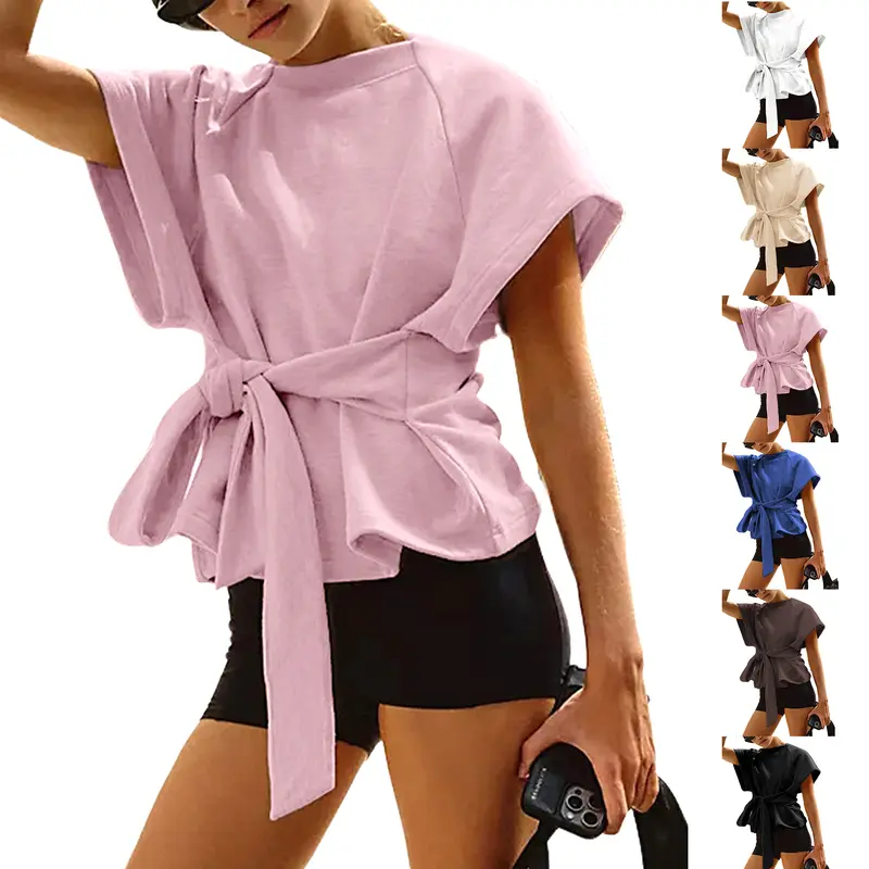 Buenoble Women’s Tie Waist Top Short Sleeve Crewneck Tee | Slimming Knot Front T-Shirt Casual Athleisure Shirt