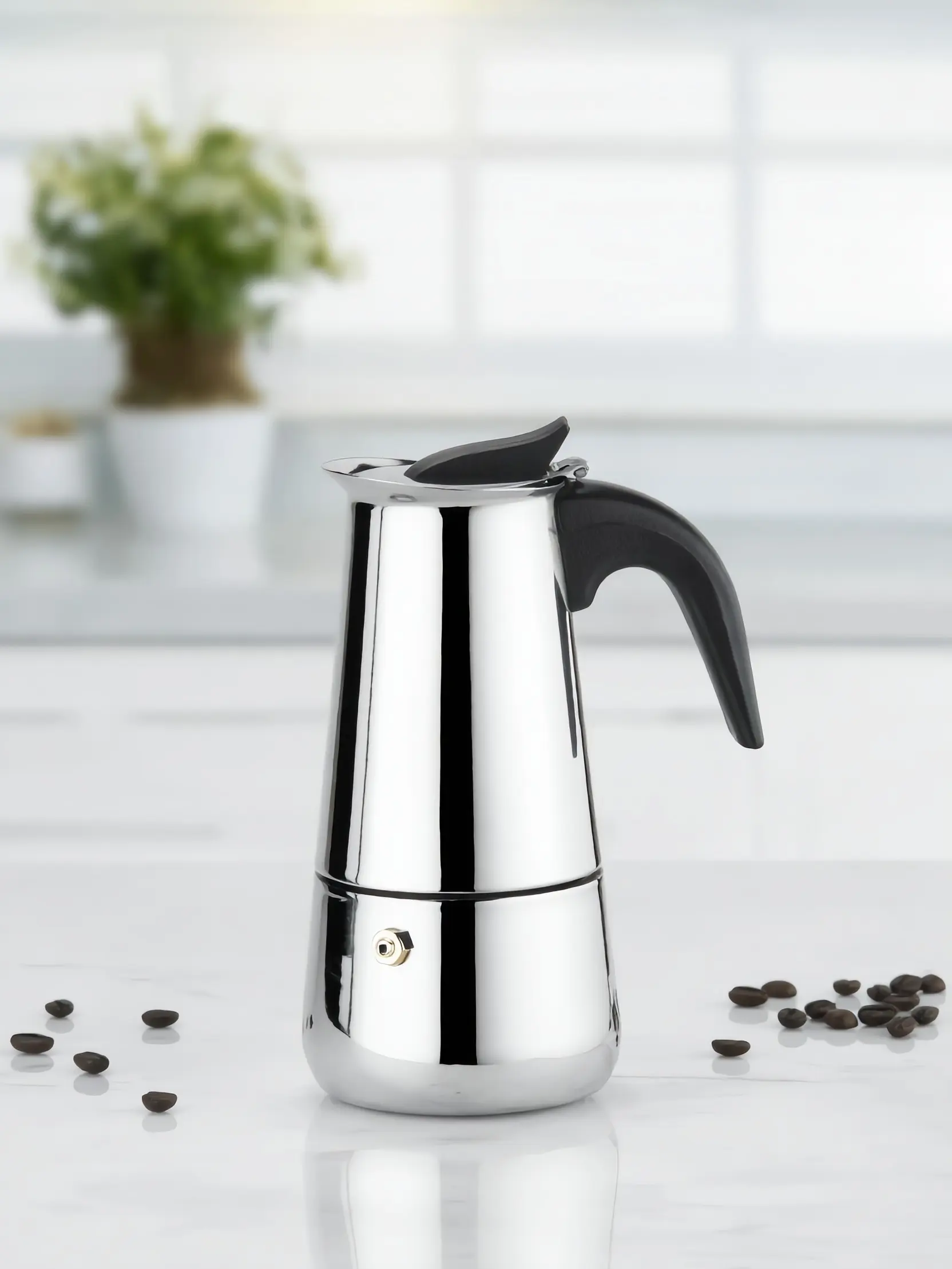 Stainless Steel Cylindrical Portable Coffee Maker - 4-Cup 200ml Stovetop Espresso Brewer, Single Unit with Anti-Scald Ergonomic Handle, Detachable Parts for Home/Office, Camping Stoves, Latte/Cappuccino
