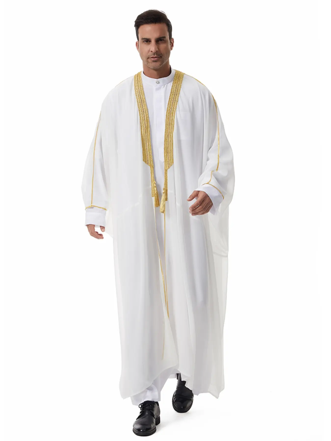 Men's Lace Tassel Chiffon Sheer Cover-Up, Chic Lightweight Summer Outerwear for Casual Beach Days, Elegant Design for Arabian Style, Breathable Arabic Robe, Islamic Robe, Traditional Arabic Robe, For Muslim Clothing