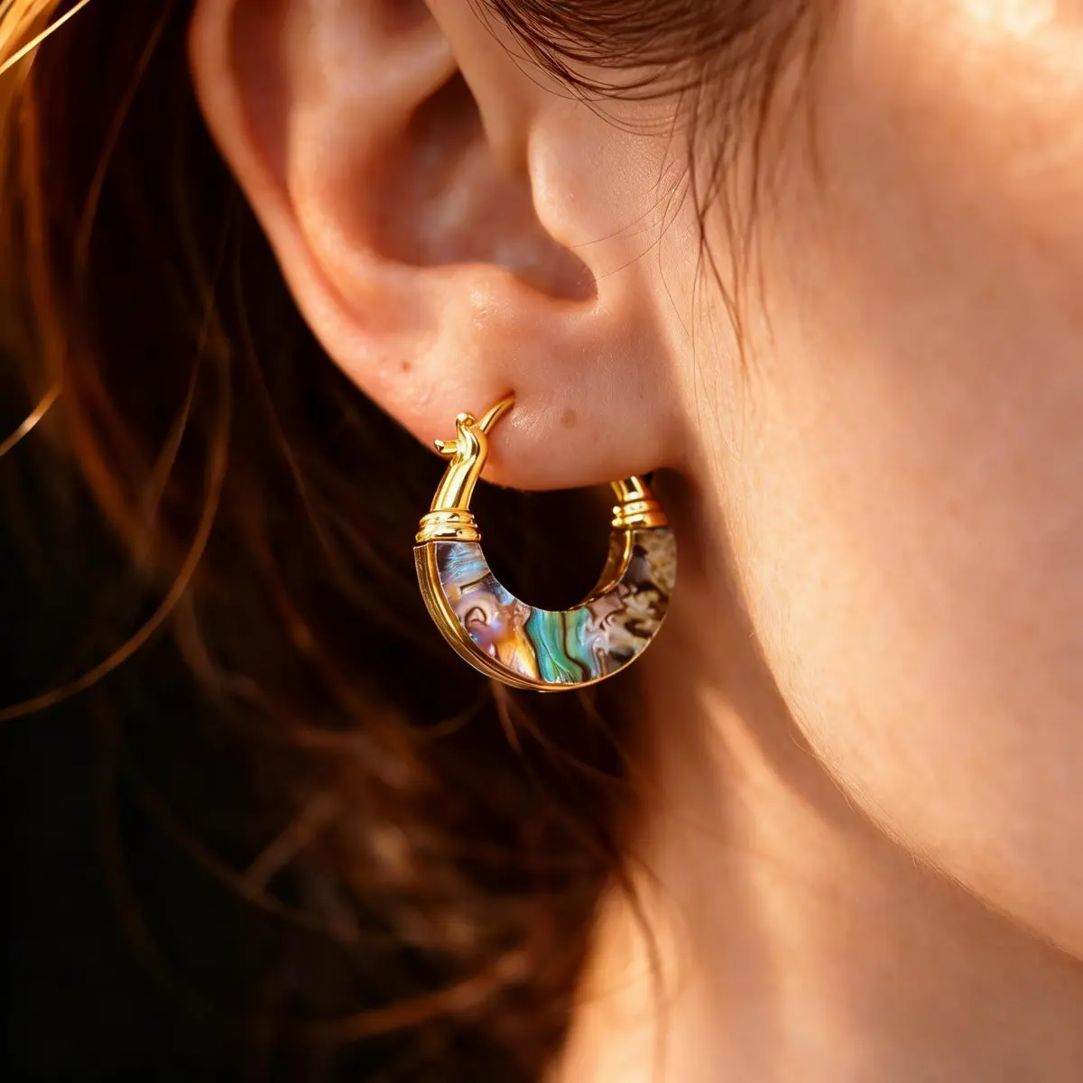 Women's 2cm Gold Copper Abalone Seashell Huggie Hoop Earrings - Iridescent Dainty Minimalist Costume Jewelry, Gold Aesthetic, for Beach Outfits, Daily Wear, Anniversary Gift, Jewelry For Women
