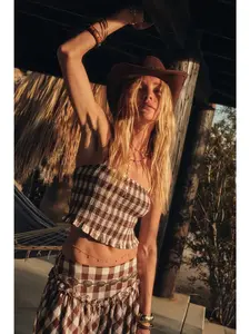 Gingham Plaid Smocked Cropped Ruffle Cami Top