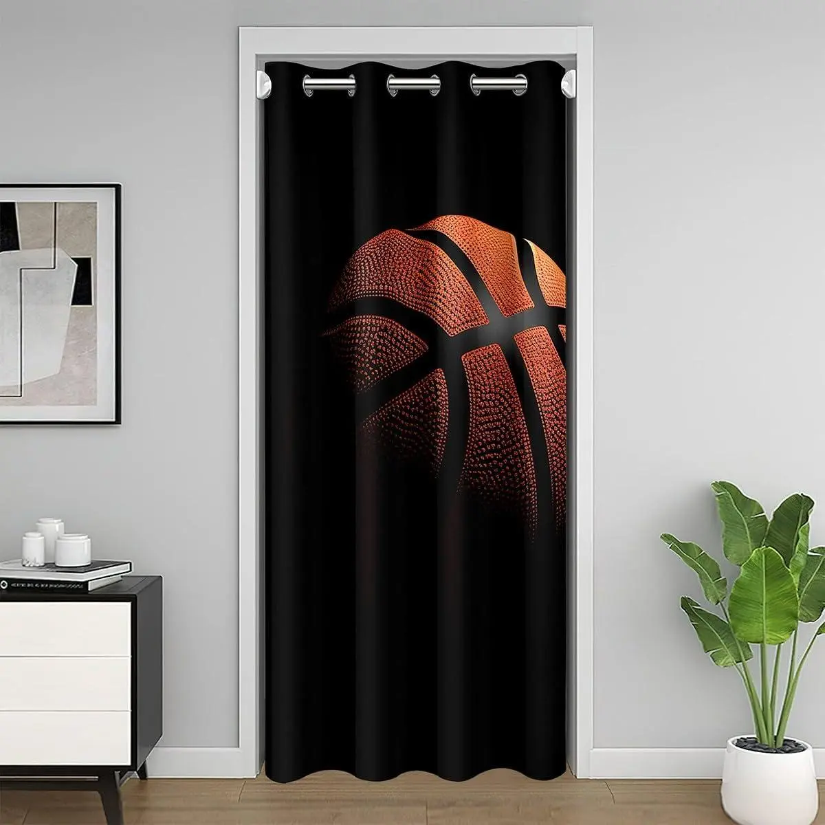 Sports Gaming Decor Door Curtains,Sport Basketball Black Door Drape Blackout Curtain,3D Basketball Doorway Curtain Bedroom Decor