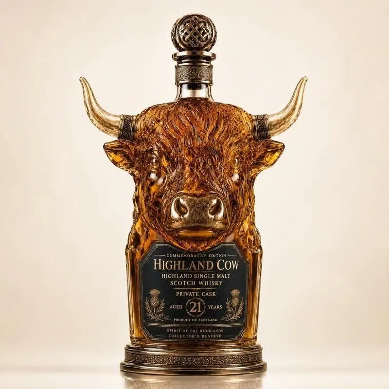 21-Year Highland Cow Motif Private Cask Single Malt Scotch Whisky Glass Decanter, Sturdy Transparent Retro Home Decor with Vintage Metal Stopper, Luxury Commemorative Gift Bottle