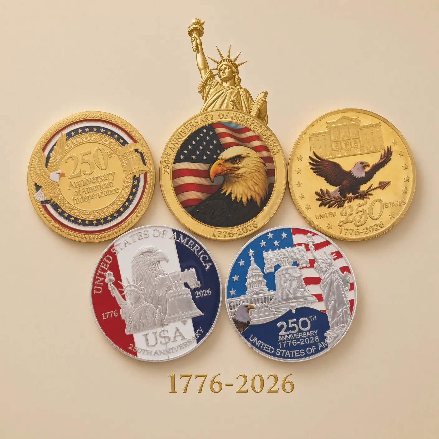 5PCS 40mm High-Quality Plated Alloy America250 Commemorative Medal Set - 250th Anniversary Collectibles with 3D Relief, Patriotic Home & Festive Party Supplies, Ready-to-Gift for Veterans & Collectors