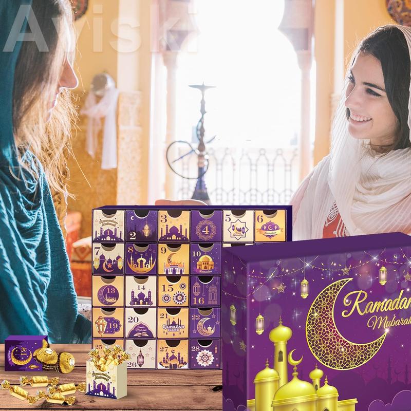 Ramadan Advent Calendar with Drawers, 30 Empty Boxes for 30 days, Eid Mubarak Coutdown Calendar Fillable Ramadan Gift, Islamic Art, Cardboard Number Storage Box, Ramadan Party Supplies - Purple