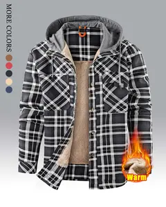 Men's Winter Fleece Hoodie – Thick, warm jacket with contrasting plaid pattern, adjustable drawstring hood, and buttoned front; perfect for outdoor hikes, jogging, fishing, gym workouts, or casual wear; fleece lining provides windproof structure., Tops, L