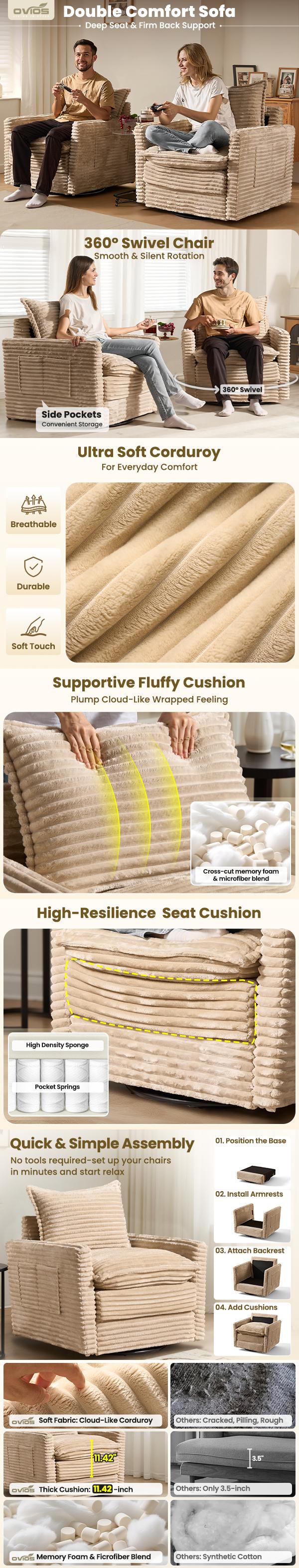 【Stock Up Sale】Ovios 2 Pcs Plush Corduroy Swivel Chair with Ottoman, Oversized 360° Swivel Chair with Side Pockets, Extra-Wide Seat with Thick Cushion, 400 lb Capacity - Easy Assembly Assembly 【Stock Up Sale】Ovios 2 Pcs Plush Corduroy Swivel Chair with Ottoman, Oversized 360° Swivel Chair with Side Pockets, Extra-Wide Seat with Thick Cushion, 400 lb Capacity - Easy Assembly Assembly