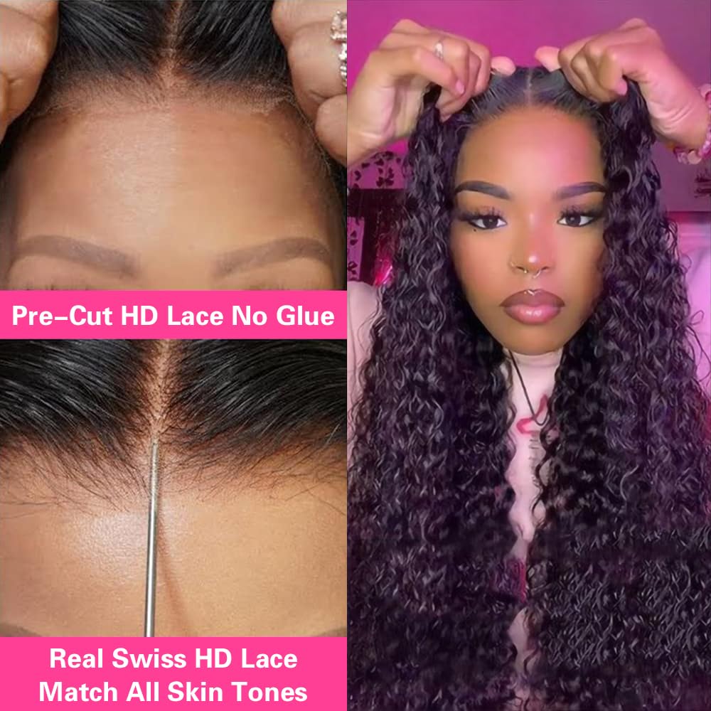 Deep Wave Ready to Wear Glueless Human Hair Wig Pre-cut Lace Pre-plucked Natural Hairline Ready & Go Wig for Beginners No Glue No Gel