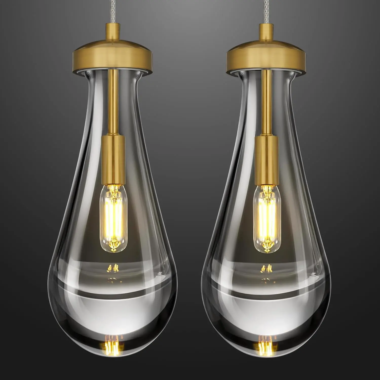 2-Pack Modern Clear Glass Teardrop Pendant Lights, 4.7in Raindrop Ceiling Lights with Adjustable Cord, Bulb Included for Kitchen Island, Dining Room