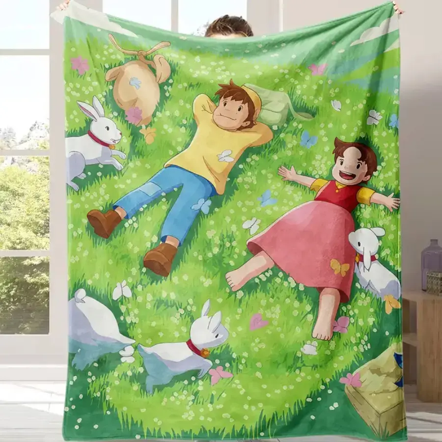 Heidi Retro Anime Throw Blanket Nostalgic Green Meadow Printed Flannel Blanket Ultra Soft Cozy Snuggle Blanket Lightweight All Season Warm Throw for Sofa Bed Couch Bedroom, Classic Anime Fans Birthday Christmas Gift