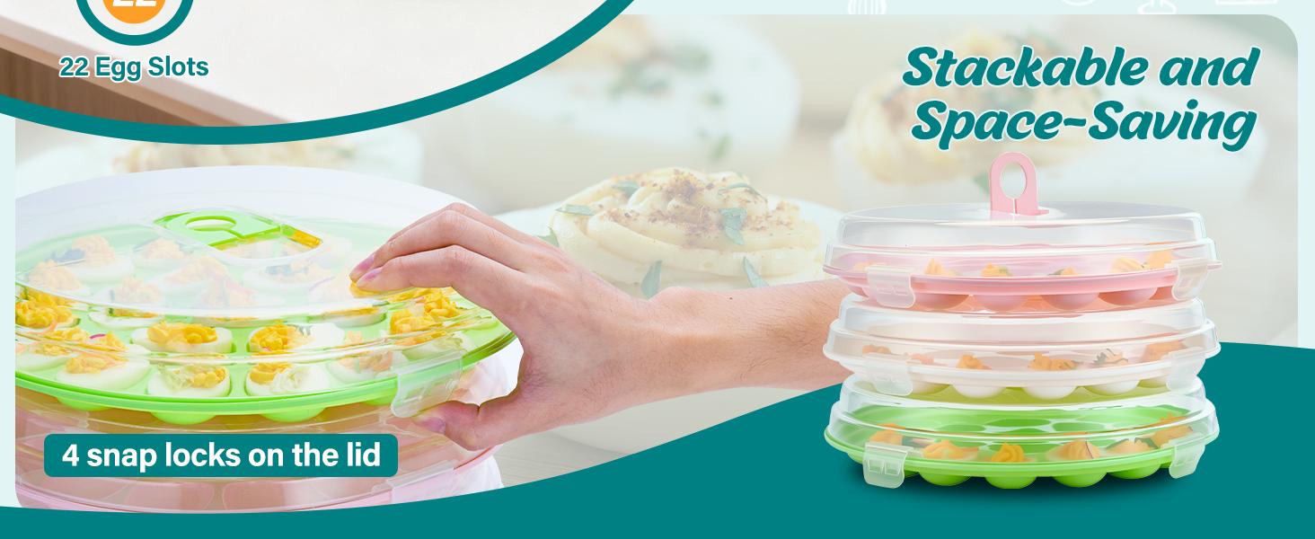 Deviled Egg Container with Lid, 3 Pack Stackable Deviled Egg Platter with Handle, 66-Slot Egg Carrier Tray for Fridge Storage, Easter, Christmas, Parties, Picnic, Dishwasher/Freezer Safe
