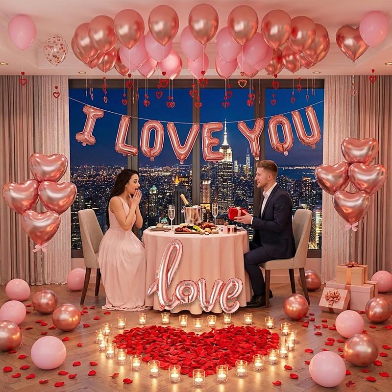 Valentines Day Decorations, I Love You Balloons with Red Silk Rose Petals Flower Romantic Decorations, Rose Gold Pink Heart Balloons Kit for Anniversary Mothers Day Wedding Valentine’s Day Decorations